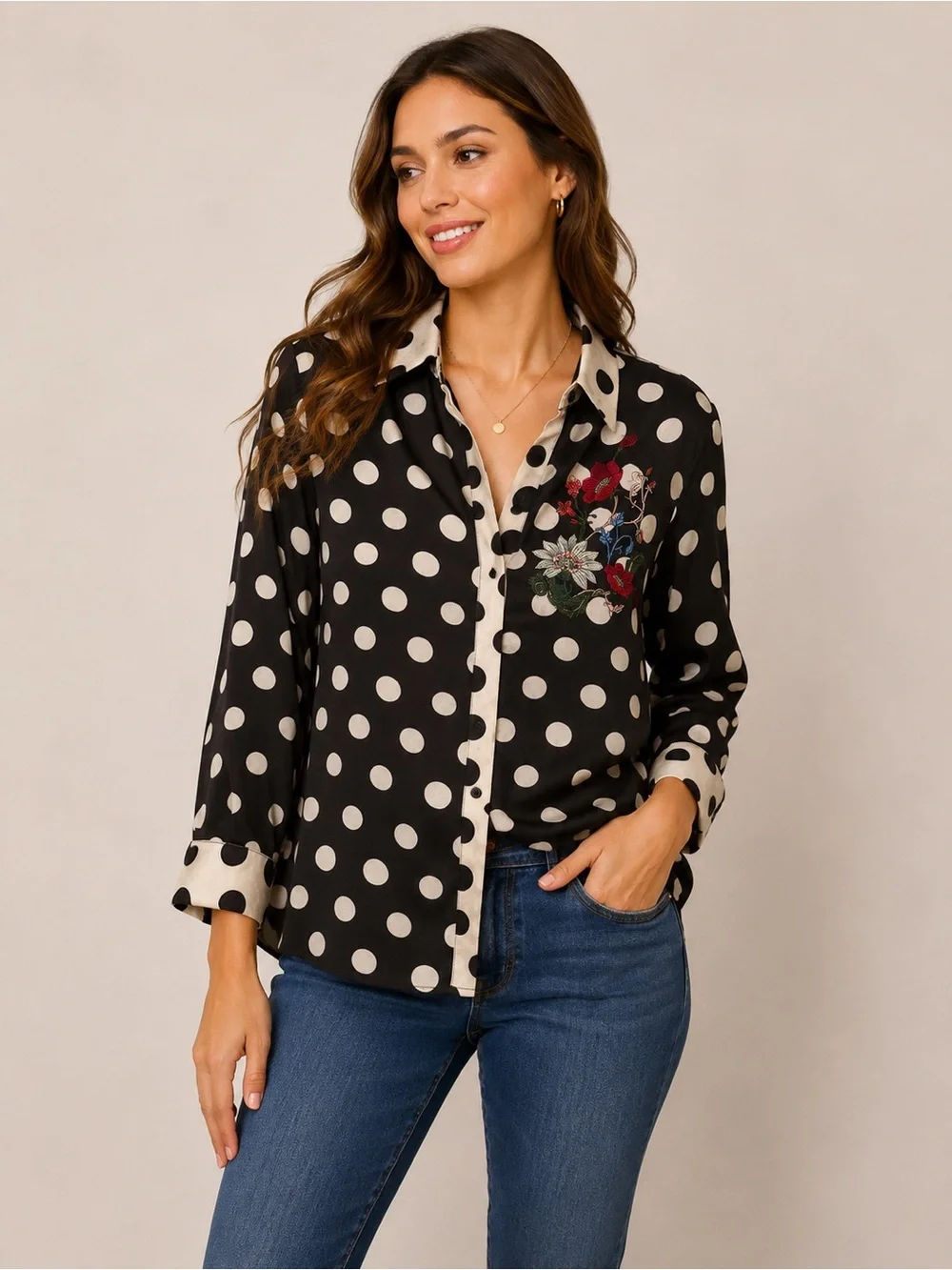 Chico’s Size 1 Black Polka Dot Embroidered Button-Up Blouse Medium